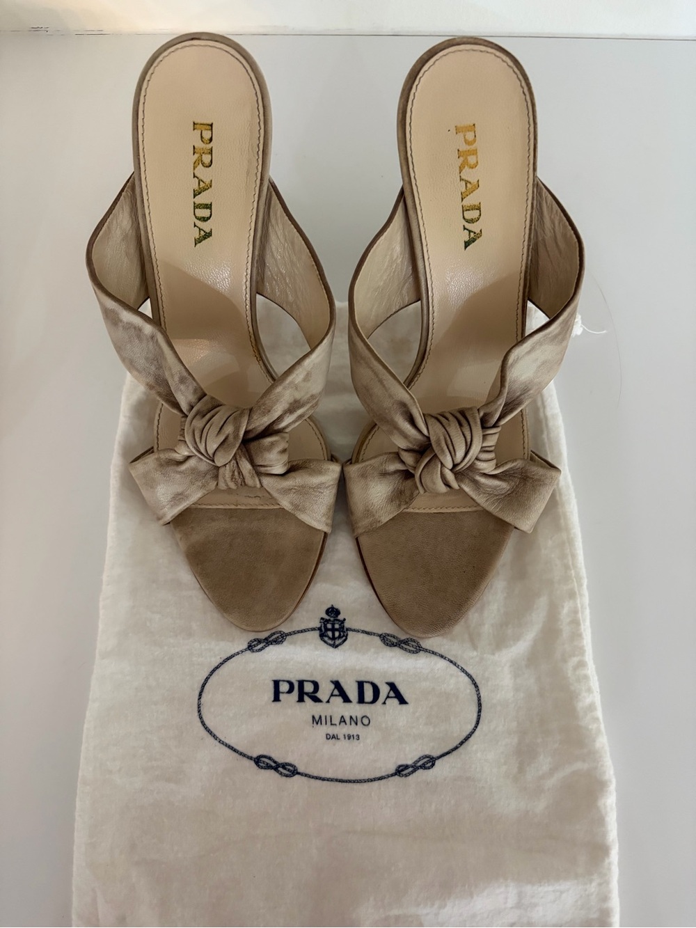 Prada Taupe/Nude distressed, soft, leather Knotted Slide Mules